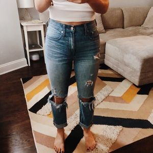 High waisted distressed jeans